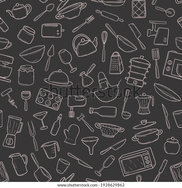Seamless pattern  kitchen utensils in a hand-drawn\
doodle style on blackboard. Cooking tools household appliances,\
utensils, for textile print, wrapping paper, card. Vector\
illustration on dark