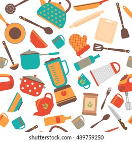 Seamless pattern of kitchen utensils. Home appliances for cooking. Vector illustration