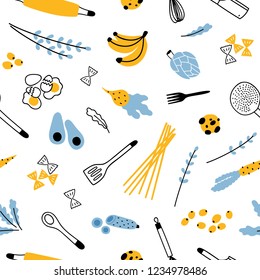 Seamless pattern with kitchen utensils for homemade meals preparation, fruits and vegetables on white background. Modern vector illustration in flat style for fabric print, wrapping paper, wallpaper.