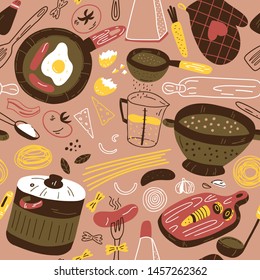Seamless pattern kitchen utensils with ingredients. Hand-drawn illustration in sketch style.