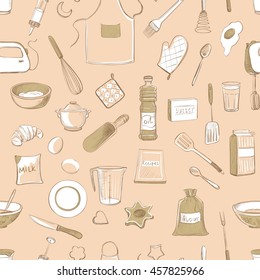  Seamless pattern  of kitchen utensils and ingredients for baking