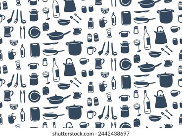 Seamless pattern with kitchen utensils. Monochrome vector illustration