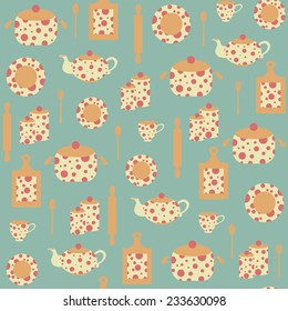 Seamless pattern with kitchen utensils on a blue background