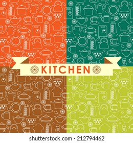 Seamless pattern of kitchen utensils in outline style 