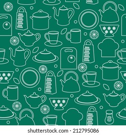Seamless pattern of kitchen utensils in outline style 