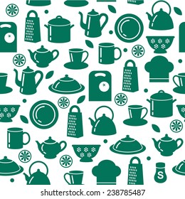 Seamless pattern of kitchen utensils in outline style 