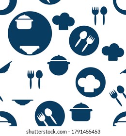 Seamless pattern of kitchen utensils , pot, plate, fork, spoon. Hand drawn background for with Cutlery. Flat printing style