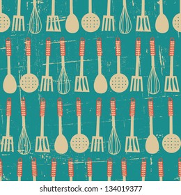 Seamless pattern with kitchen utensils in retro style.