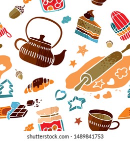 Seamless pattern with kitchen utensils. Scandinavian Danish hygge symbols for printing on fabric, Wallpaper, towel. Invitation to a house party with cake and tea. cute cartoon vector illustration
