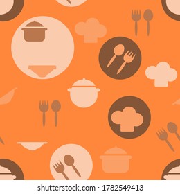 Seamless pattern of kitchen utensils symbols, pot, plate, fork, spoon. Hand drawn background for with Cutlery