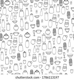 Seamless pattern, kitchen utensils, tableware for domestic life, black and white. Vector hand drawn illustration. Doodle style, endless texture for your design projects. 