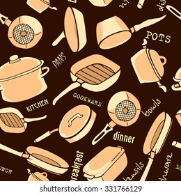 Seamless pattern of kitchen utensils with titles. Cookware, home cooking background in beige and brown colors. Kitchenware. Modern design. Vector illustration.