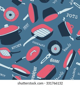 Seamless pattern of kitchen utensils with titles. Cookware, home cooking background in blue and red colors. Kitchenware. Modern design. Vector illustration.