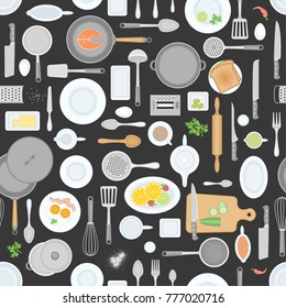 Seamless pattern. Kitchen utensils. Top view. Kitchenware, cookware, kitchen tools. (view from above)