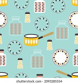 seamless pattern with kitchen utensils in vintage style, retro kitchen background, vector illustration