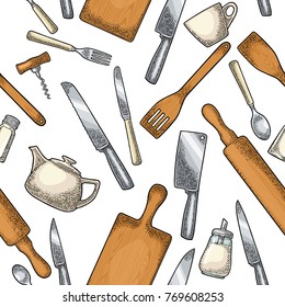 Seamless pattern Kitchen utensils. Wood cutting board, spade of frying pan, corkscrew, knifes, sugar and salt shakers. Vector color vintage engraving illustration isolated on white for menu, poster