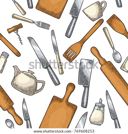 Seamless pattern Kitchen utensils. Wood cutting board, spade of frying pan, corkscrew, knifes, sugar and salt shakers. Vector color vintage engraving illustration isolated on white for menu, poster
