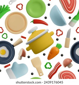 Patrón sin fisuras con utensilios de cocina y utensilios de cocina 3D vector. Utensilios de cocina de dibujos animados para la preparación de alimentos. Olla de cocina, tazón y platos. Sartén con huevo, tocino, verduras y setas