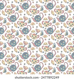 Motif harmonieux d'ustensiles de cuisine et de croissants. Délicate  Images de théière, tasses, croissants, sucreries. Image vectorielle 
