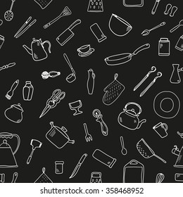 Seamless pattern with kitchenware. Doodle. Vector. Isolated