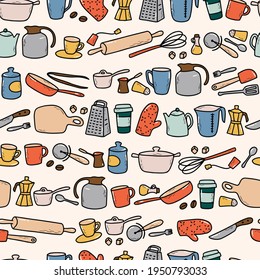 
seamless pattern with kitchenware doodles for textile and fabric prints, wrapping paper, wallpaper, scrapbooking, stationary, etc. EPS 10