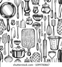 Seamless pattern with kitchenware hand-drawn icons