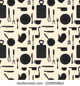 Seamless pattern with Kitchenware set. Vector kitchen utensils tools and equipment, cartoon cooking appliance