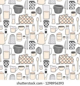 Seamless pattern of kitchenware and utensils hand drawn vector illustrations modern drawing style, isolated on white background. Cooking kitchen background.Elements for design.