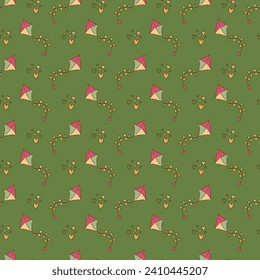 Seamless pattern with kite with bows and heart shapes. Cartoon doodle illustration.