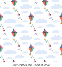 Seamless pattern with kite and clouds. Vector background with a birthday theme.