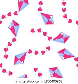 Seamless pattern of kite with hearts for the wedding or Valentine's Day. Cartoon vector isolated design for wallpaper, wrapping paper, textile, etc.