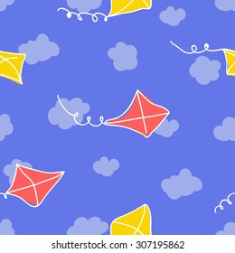 Seamless pattern with kite and sky. Funny background.