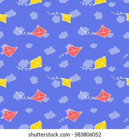 Seamless pattern with kite and sky. Funny summer background