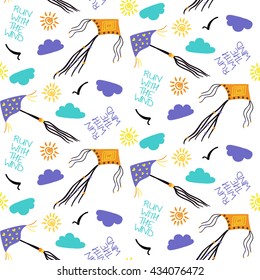 Seamless Pattern with kites, clouds and "Run with the wind" text