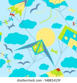 Seamless pattern with kites, clouds, sun, birds and bows.