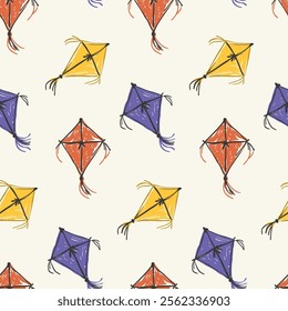 Seamless pattern of kites with different colors and tails. The kites are drawn in a crayon style, giving the image a playful and whimsical feel.