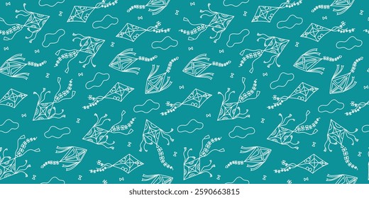 Seamless pattern. Kites flying in the sky, in the clouds. Hand drawn icon, doodle. Kite. Line drawing, sketch. Repeating background.