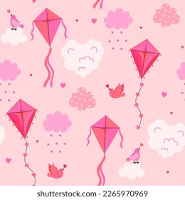 Seamless pattern with kites, hearts, birds, clouds in pink colors. Vector graphics.