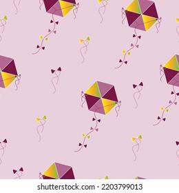 seamless pattern with kites in purple and yellow colors vector - light purple background