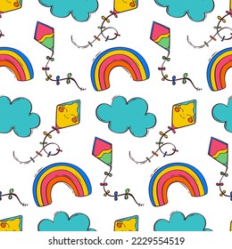 Seamless pattern with kites, rainbow and clouds with cute faces. Vector isolated illustration. Colorful vector illustration. Vector element for design.