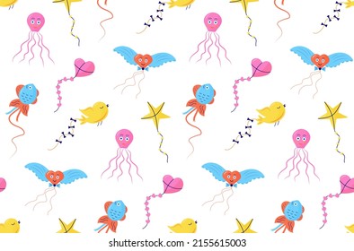 Seamless pattern with kites in the shape of heart, bird, octopus, fisf and star. Vector childish fabric design.