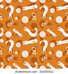Seamless pattern with kitten and ball silhouettes