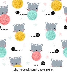 Seamless pattern with kitten and ball of thread, pompons. Childish cute print. Vector hand drawn illustration.