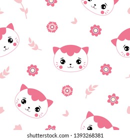 Seamless pattern with kitten cute funny kawaii face, flower and leaves. Vector