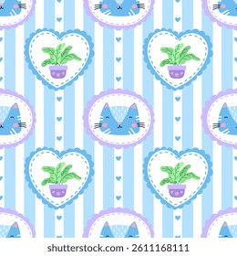Seamless pattern with kitten faces, floral details, and striped background in soft pastels. Great for wrapping paper, children clothing, and nursery textiles. Cute and modern style