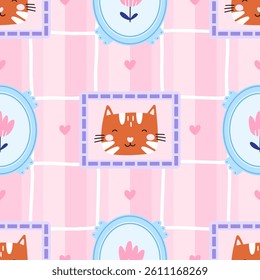 Seamless pattern with kitten faces, floral details, and striped background in soft pastels. Great for wrapping paper, children clothing, and nursery textiles. Cute and modern style