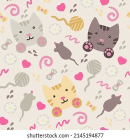 Seamless pattern of kitten head, paw prints. Colored cute kittens on a light background with elements of a mouse, heart, ball, toys. Cartoon characters for children's print, textiles, home decor.