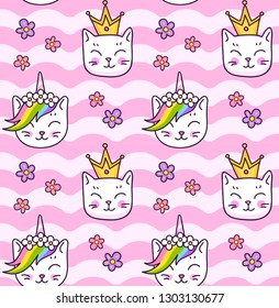 Seamless pattern with kitten with horn and rainbow mane, cat in a golden crowns. Little kawaii muzzle on a wavy pink background. Vector illustration. 