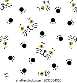 Seamless pattern with kitten muzzles and paws. Perfect for scrapbooking, poster, textile and prints. Hand drawn illustration for decor and design.
