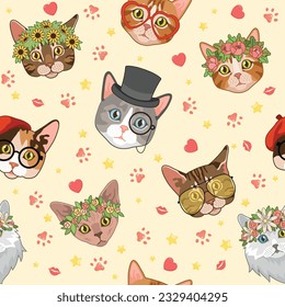 Patrón sin foco con gatitos. Cabezas de gato con sombreros y gafas, flor corona. Damas y caballeros, animales hipster. Impresión de moda. Decoración textil, papel de envoltura, concepto de cartografía vectorial de papel pintado